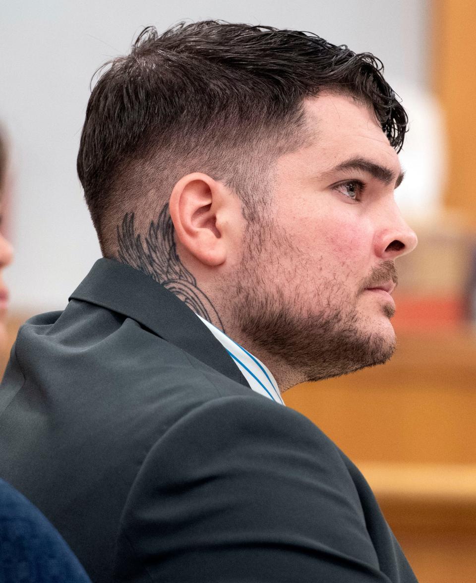 Jonathon Hobbs listens to testimony during his trial Thursday. Hobbs is charged with first-degree premeditated murder in the death of Danny Blackmon Jr. on Feb. 1, 2021.