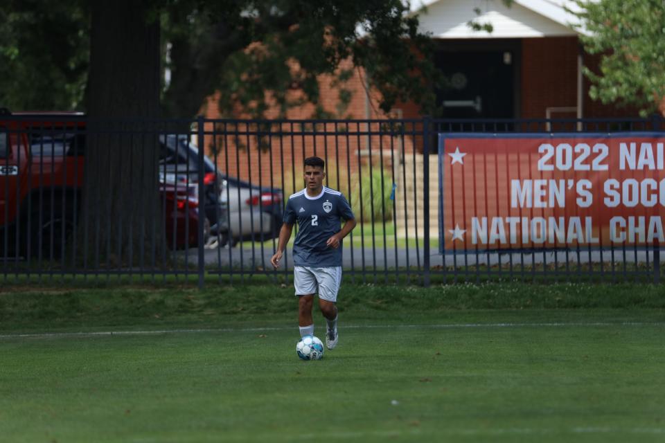 Bethel men's soccer junior Thiago dos Dantos dribbles the ball during this undated game in the 2023 season. dos Santos has been a key part to a 5-0-1 start to the season for the Pilots.