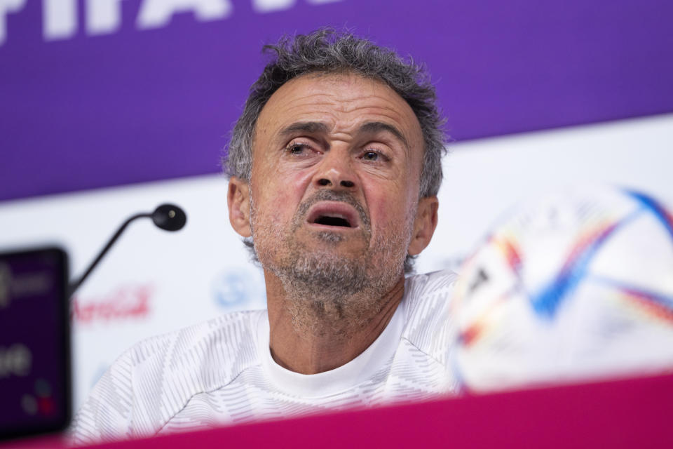 Spain's head coach Luis Enrique speaks to reporters during a news conference at Qatar University, in Doha, Qatar, Wednesday, Nov. 30, 2022. Spain will play its first final match in Group E in the World Cup against Japan on Dec. 1. (AP Photo/Julio Cortez)