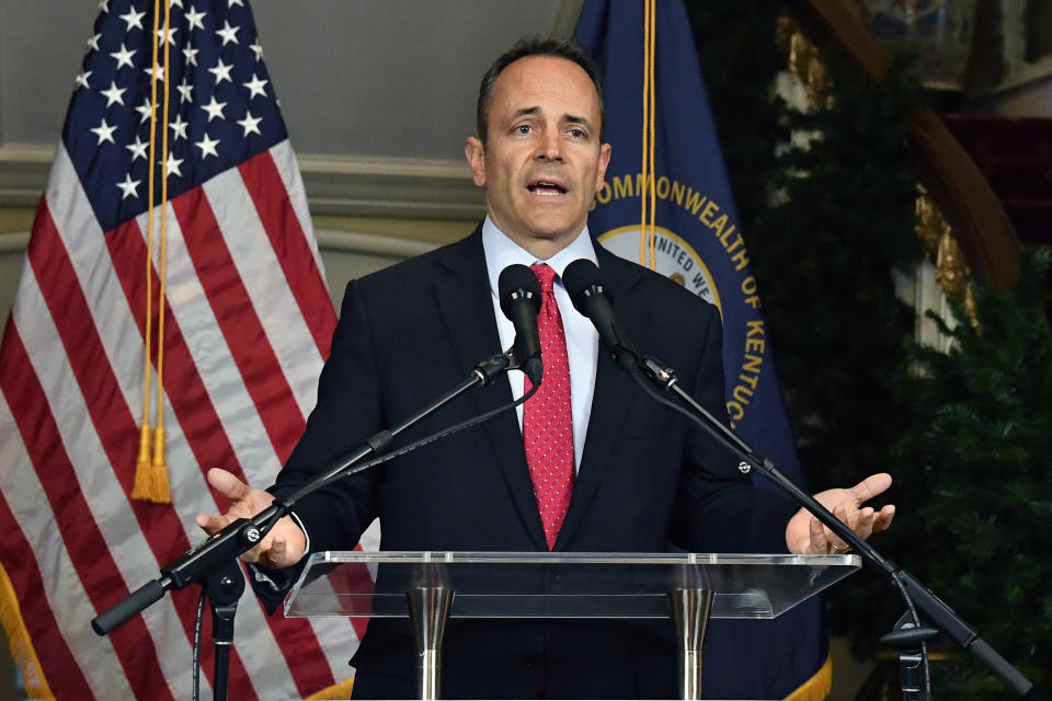 Kentucky Governor Matt Bevin announces his intent to call for a recanvass of the voting results from Tuesday's gubernatorial elections during a press conference at the Governor's Mansion in Frankfort, Ky., Wednesday, Nov. 6, 2019. (AP Photo/Timothy D. Easley)