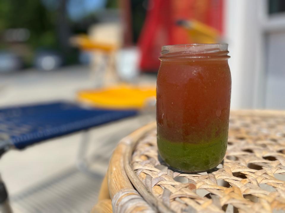 A Healing Heart Chakra juice from Tomgirl Kitchen on a hot July 2023 day. Burlington offers several options for fresh-pressed juices.