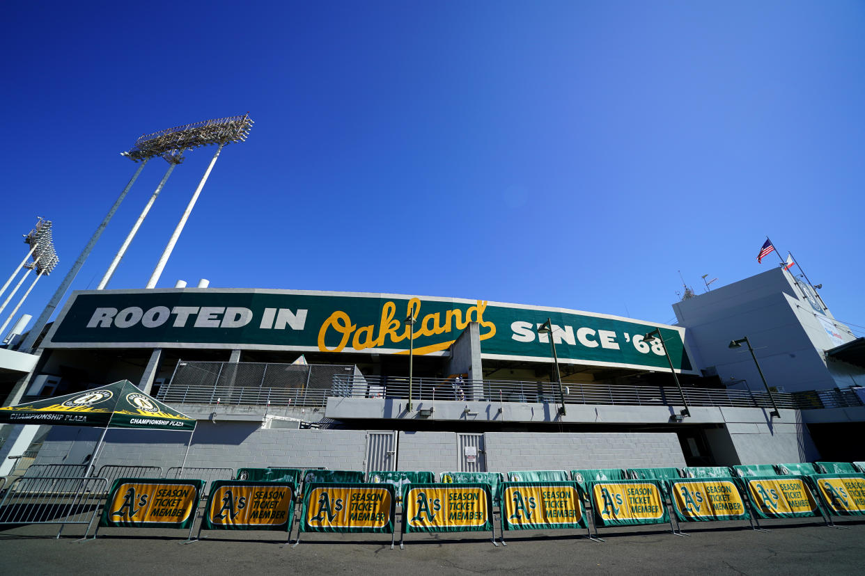 OAKLAND, CA - OCTOBER 02:  A general view of the exterior of Oakland Coliseum prior to the AL Wild Card game between the Tampa Bay Rays and the Oakland Athletics on Wednesday, October 2, 2019 in Oakland, California. (Photo by Daniel Shirey/MLB Photos via Getty Images)