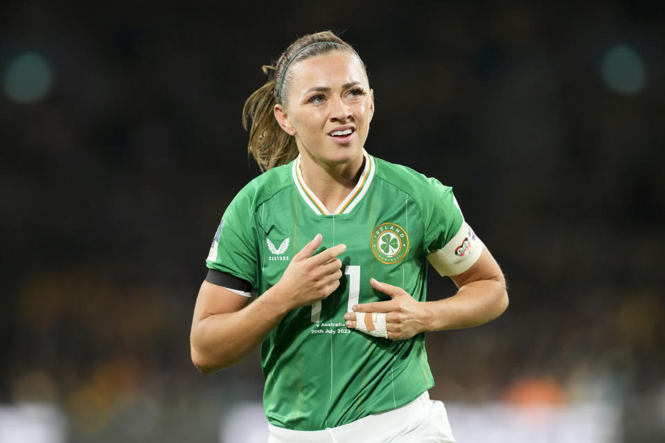 Ireland's Katie McCabe reacts during the Women's World Cup soccer match between Australia and Ireland at Stadium Australia in Sydney, Australia, Thursday, July 20, 2023. (AP Photo/Mark Baker)