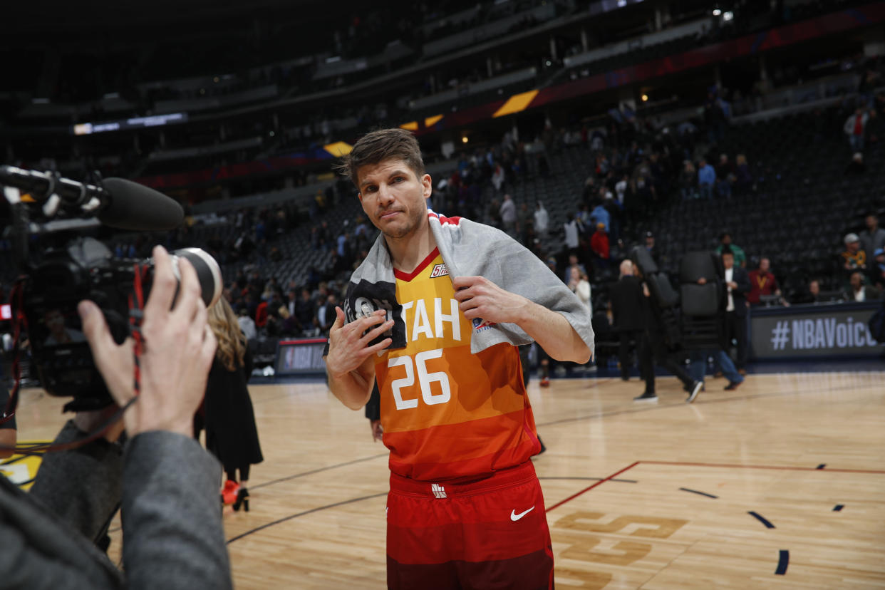 Utah Jazz guard Kyle Korver (26) in the second half of an NBA basketball game Thursday, Feb. 28, 2019, in Denver. The Jazz won 111-104. (AP Photo/David Zalubowski)