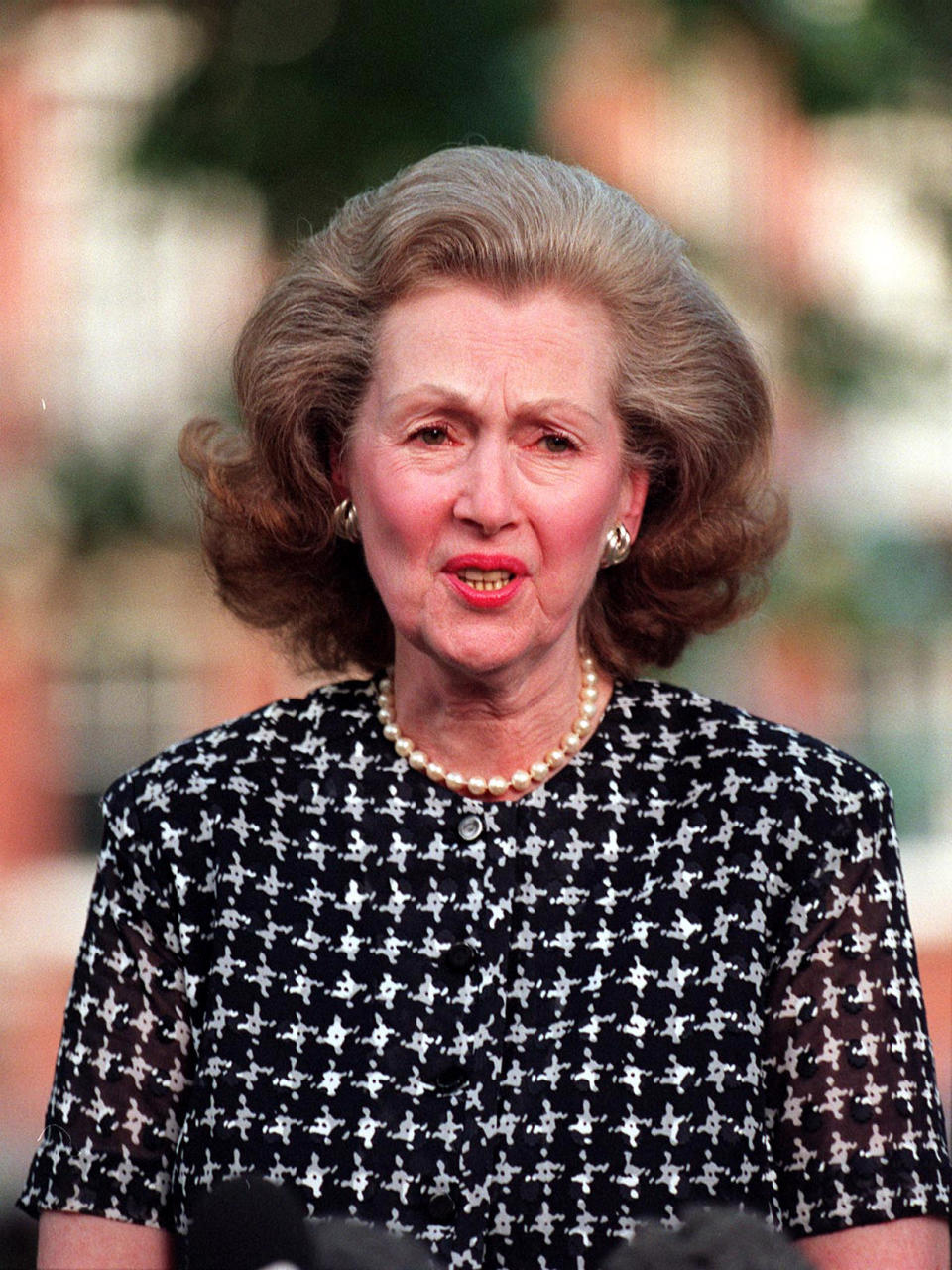 Former stepmother of the Diana, Princess of Wales, Raine Countess de Chambrun talks to the media from her London home today (Sunday). The Princess and her friend Dodi Fayed were killed in a crash in Paris during the early hours of this morning. Photo by Louisa Buller/PA.   (Photo by Louisa Buller - PA Images/PA Images via Getty Images)