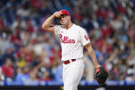 Philadelphia Phillies pitcher Andrew Bellatti walks off the field after the eighth inning of a baseball game against the Atlanta Braves, Tuesday, June 28, 2022, in Philadelphia. (AP Photo/Matt Slocum)