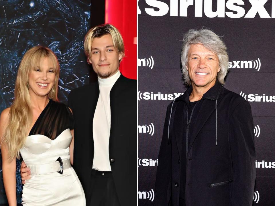 left: millie bobby brown and jake bongiovi on the stranger things season four red carpet. both are smiling and have dyed blonde hair, with brown's worn down with bangs and bongiovi's styled away from his face. brown is wearing a white dress with a single shoulder in black fabric, while bongiovi is in a white high-neck shirt and black jacket. right: jon bon jovi in front of a sirius xm background, smiling and wearing a black jacket and shirt. he has silver hair worn long, just past his jawline.