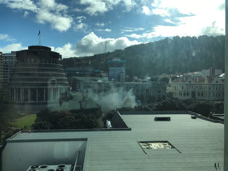 Smoke is rising near the parliament building in Wellington, New Zealand, September 21, 2017 in this social media picture. TWITTER Ô@PIPSSQUEAKSÕ via REUTERS