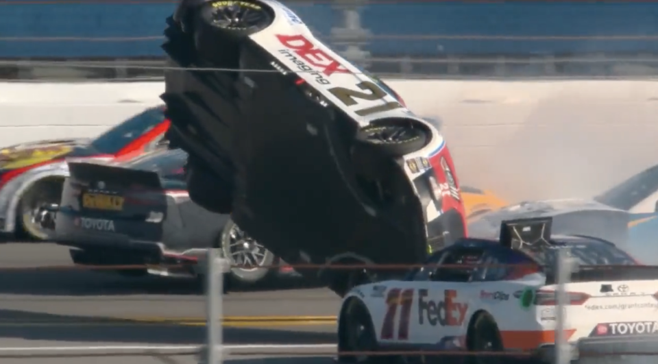 Harrison Burton's car got airborne very quickly in the Daytona 500. (via Fox)
