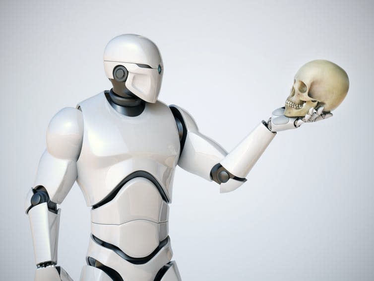 Robot holding a skull in the style of Hamlet
