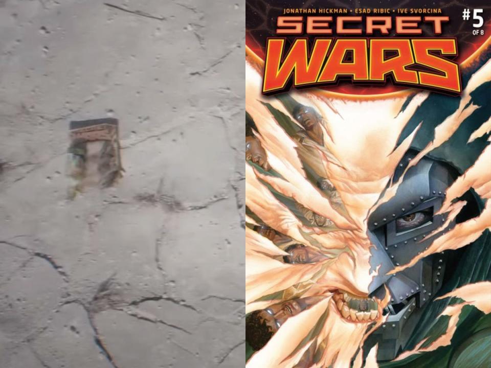 "Secret Wars" #5 in the "Deadpool & Wolverine" trailer, and the cover of the issue by Isad Ribic.