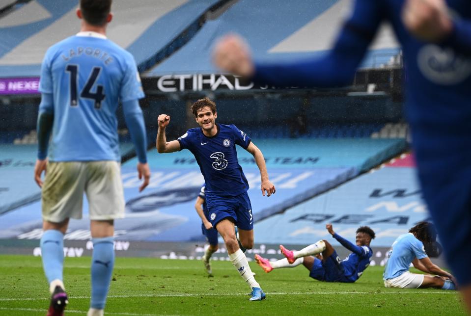 Marcos Alonso of Chelsea celebrates after scoring against Manchester City (Getty)