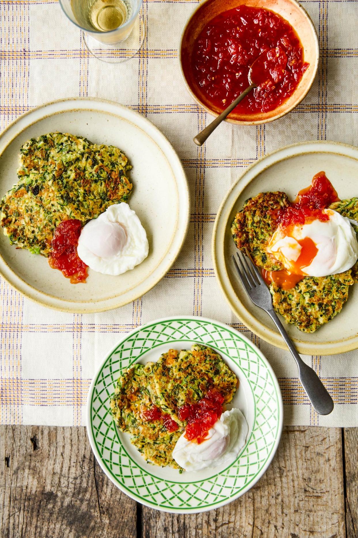 <span>Georgina Hayden’s courgette and halloumi fritters with chilli jam.</span><span>Photograph: Kim Lightbody/The Guardian. Food styling: Ellie Mulligan. Prop styling; Anna Wilkins. Food styling assistant: Lara Cook.</span>