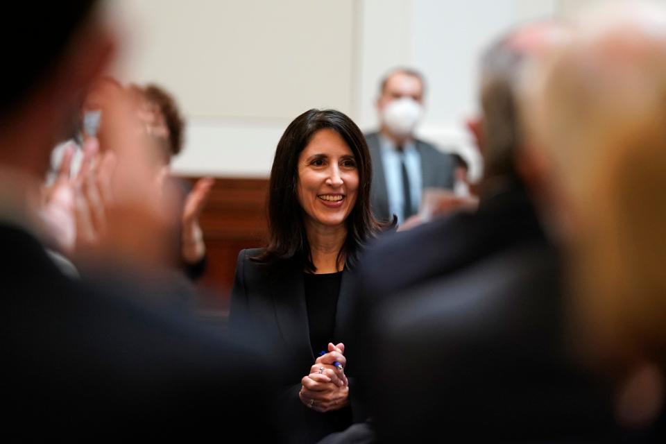 Justice Patricia Guerrero reacts after being confirmed to the Supreme Court of California by the Commission on Judicial Appointments, Tuesday, March 22, 2022, in San Francisco. Guerrero, who grew up in the agricultural Imperial Valley will be the first Latina on the state's highest court.