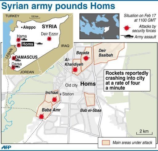 Maps of Syria and the protest hub of Homs showing the latest security forces attacks on Friday. Thousands of Syrians rallied Friday for Bashar al-Assad's ouster, as the embattled president's forces unleashed their heaviest pounding yet of Homs in a brutal bid to crush dissent, monitors said