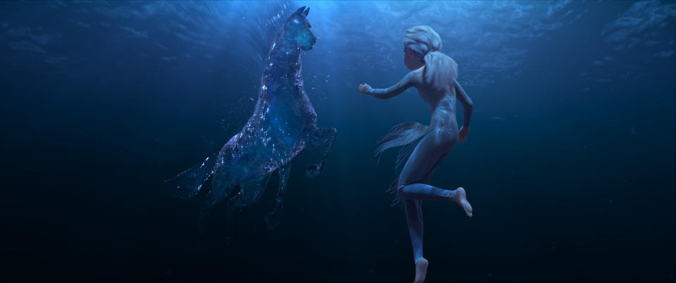 In Walt Disney Animation Studiosâ âFrozen 2, Elsa encounters a Nokkâa mythical water spirit that takes the form of a horseâwho uses the power of the ocean to guard the secrets of the forest. Featuring the voice of Idina Menzel as Elsa, âFrozen 2â opens in U.S. theaters November 22. Â©2019 Disney. All Rights Reserved.