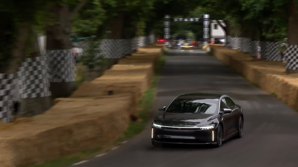 Lucid’s all-electric Air Grand Touring Performance sedan on its way to becoming the fastest production car at the 2022 Goodwood Festival of Speed. - Credit: Lucid Group, Inc.