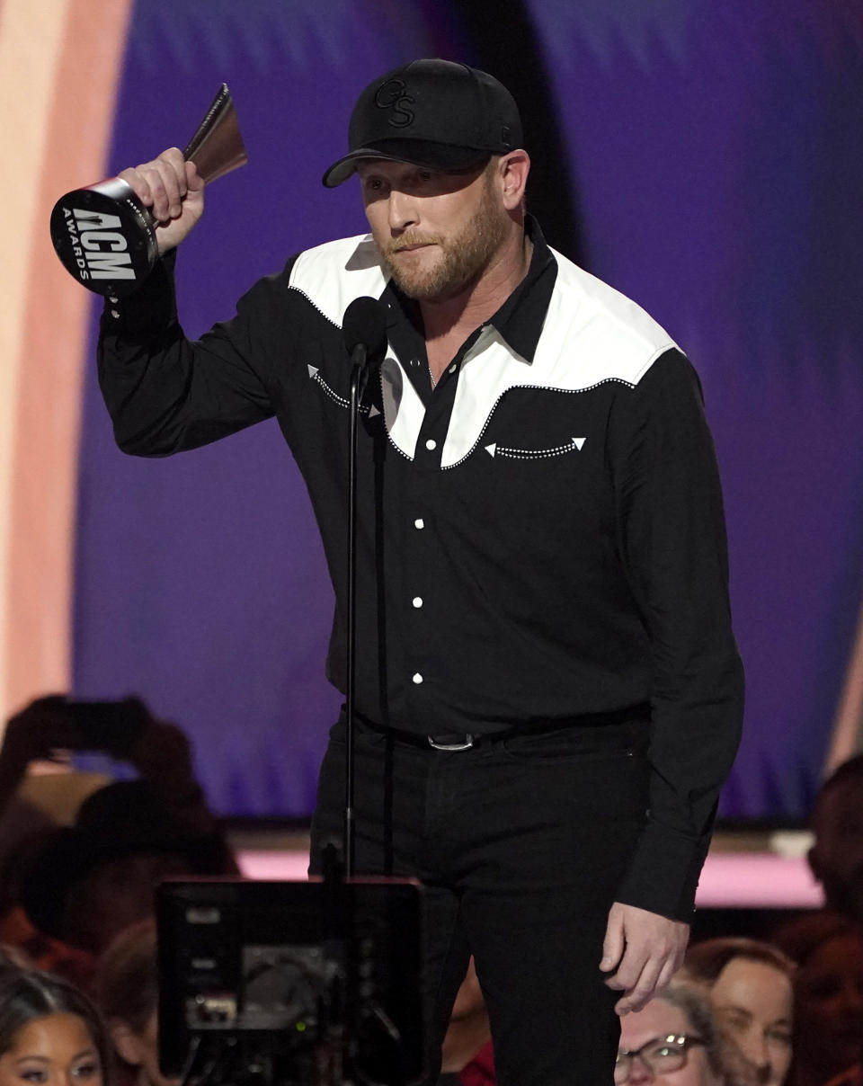 Cole Swindell accepts the award for single of the year for "She Had Me at Heads Carolina" at the 58th annual Academy of Country Music Awards on Thursday, May 11, 2023, at the Ford Center in Frisco, Texas. (AP Photo/Chris Pizzello)
