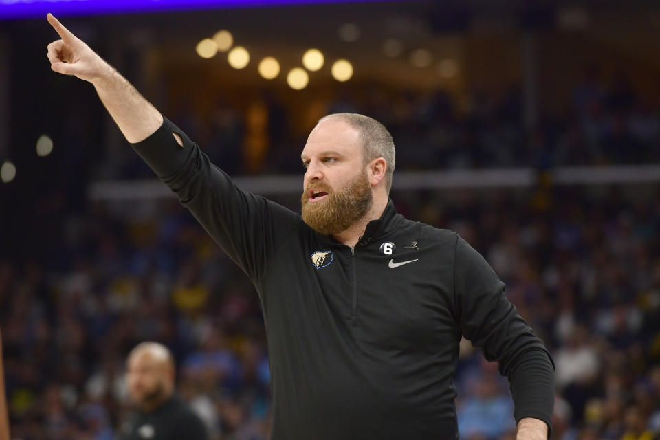 Memphis Grizzlies coach Taylor Jenkins calls to players during Game 2 of the team's first-round NBA basketball playoff series against the Los Angeles Lakers on Wednesday, April 19, 2023, in Memphis, Tenn. (AP Photo/Brandon Dill)