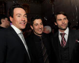 LOS ANGELES, CA - MARCH 19: (L-R) Actor Chris Klein, actor/executive producer Jason Biggs and actor Seann William Scott pose at the after party for the premiere of Universal Pictures' "American Reunion" at the Roosevelt Hotel on March 19, 2012 in Los Angeles, California. (Photo by Kevin Winter/Getty Images)