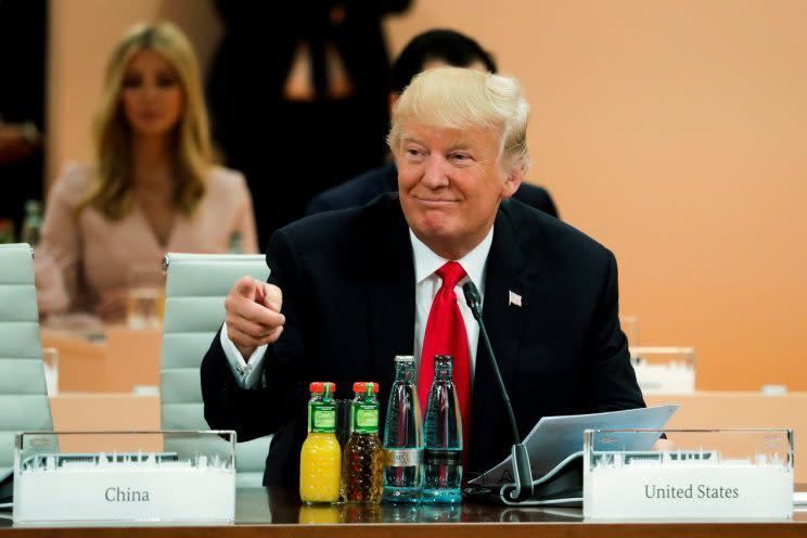 Trump points during a working session at the G-20 summit in Hamburg, Germany, on Saturday. (Photo: Markus Schreiber/Reuters)