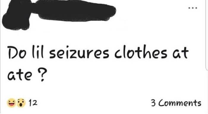 Facebook post from Aug 21 at 11:31 AM asking, "Do lil seizures clothes at ate?" accompanied by 12 reactions and 3 comments