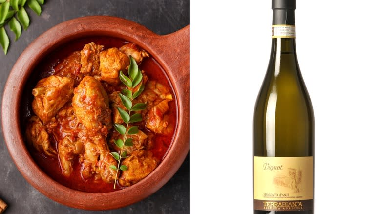 Spicy chicken curry and wine bottle