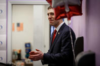 Conor Lamb reacts to being introduced by Jon "Bowzer" Bauman at a campaign event in Carnegie, Pennsylvania, U.S., February 16, 2018. Picture taken February 16, 2018. REUTERS/Maranie Staab