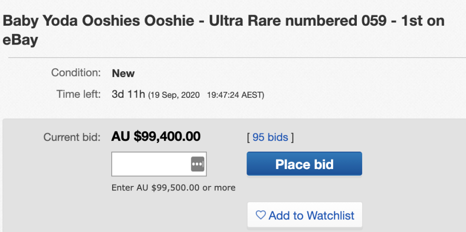 Photo shows an eBay listing for the ultra-rare furry The Child Ooshie, with the highest bid at $99,400. 