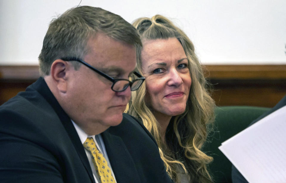 Lori Vallow Daybell, right, sits by an attorney for a hearing at the Fremont County Courthouse in St. Anthony, Idaho, Tuesday, Aug. 16, 2022.  / Credit: Tony Blakeslee / AP