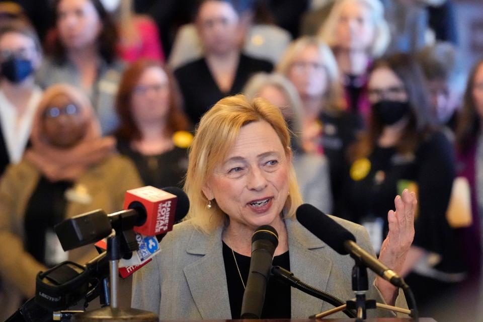 Maine Gov. Janet Mills speaks at a news conference, Jan. 17, 2023, in Augusta, Maine. The Maine Legislature gave final approval Thursday to her proposal to expand access to abortions later in pregnancy.
