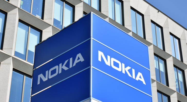 Nokia (NOK) sign, logo, emblem at Nokia Solutions and Networks building, branch of global Finnish company, telecommunications equipment supplier.