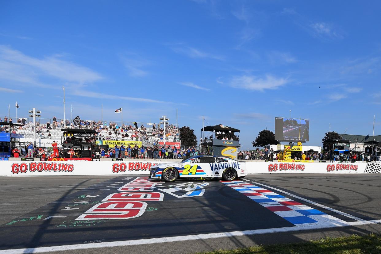 Aug 20, 2023; Watkins Glen, New York, USA; NASCAR Cup Series driver William Byron (24) crosses the finish line to win the Go Bowling at The Glen at Watkins Glen International. Mandatory Credit: Rich Barnes-USA TODAY Sports