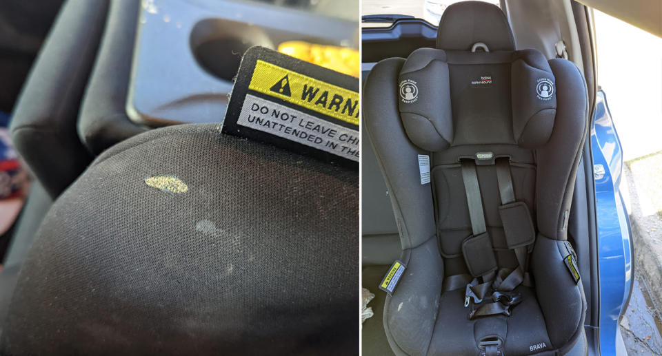 Baby car seat with burn mark on arm rest