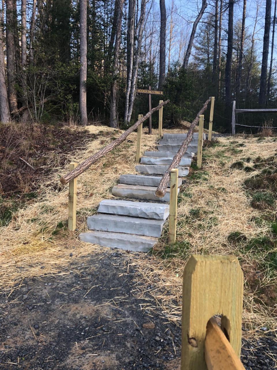 Repairs to damaged stairs, roads and trails at the Hooker Falls parking area in DuPont State Recreational Forest were completed in late February 2021.