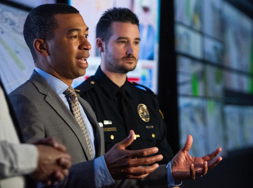 Montgomery Mayor Steven Reed alng with MPD Lt. D.E. Lowe show the MPD’s Star Center room during a press conference at the police department in Montgomery, Ala., on Tuesday March 5, 2024.