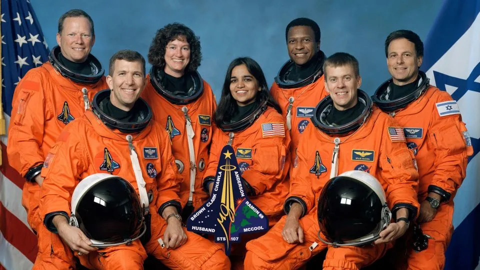 The final Columbia shuttle crew included (from left) NASA astronauts David Brown, Rick Husband, Laurel Clark, Kalpana Chawla, Michael Anderson, and William McCool and Ilan Ramon of the Israeli Space Agency. - NASA