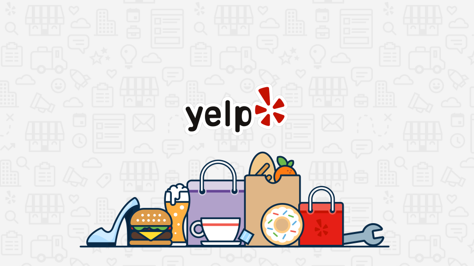 Yelp logo with various animated goods from shoes to food and shopping bags.