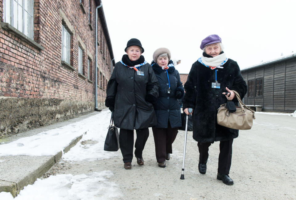 Auschwitz survivors walk away from the execution wall on January 27, 2015 in Oswiecim, Poland. International heads of state, dignitaries and over 300 Auschwitz survivors are attending the commemorations for the 70th anniversary of the liberation of Auschwitz by Soviet troops on 27th January, 1945. Auschwitz was among the most notorious of the concentration camps run by the Nazis during WWII and whilst it is impossible to put an exact figure on the death toll it is alleged that over a million people lost their lives in the camp, the majority of whom were Jewish.