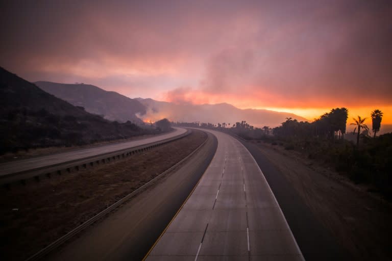 Route 101 closed after the "Thomas Fire" jumped the road in Ventura, California