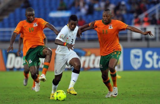 File picture of Asamoah Gyan (centre). The Ghana captain and leading scorer misses the trip to the Portuguese capital Lisbon after the death of his mother in an Accra road accident, and coach Kwesi Appiah plans to test some fringe players against Cape Verde