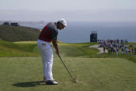 Bryson DeChambeau plays his shot from the third tee during the first round of the U.S. Open Golf Championship, Thursday, June 17, 2021, at Torrey Pines Golf Course in San Diego. (AP Photo/Jae C. Hong)