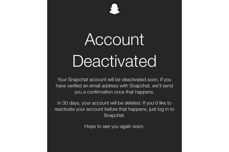 Snapchat's deactivation screen.