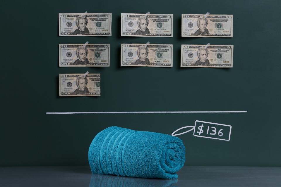 A locally produced bath towel as photographed with an illustrative price tag of $136 in Caracas