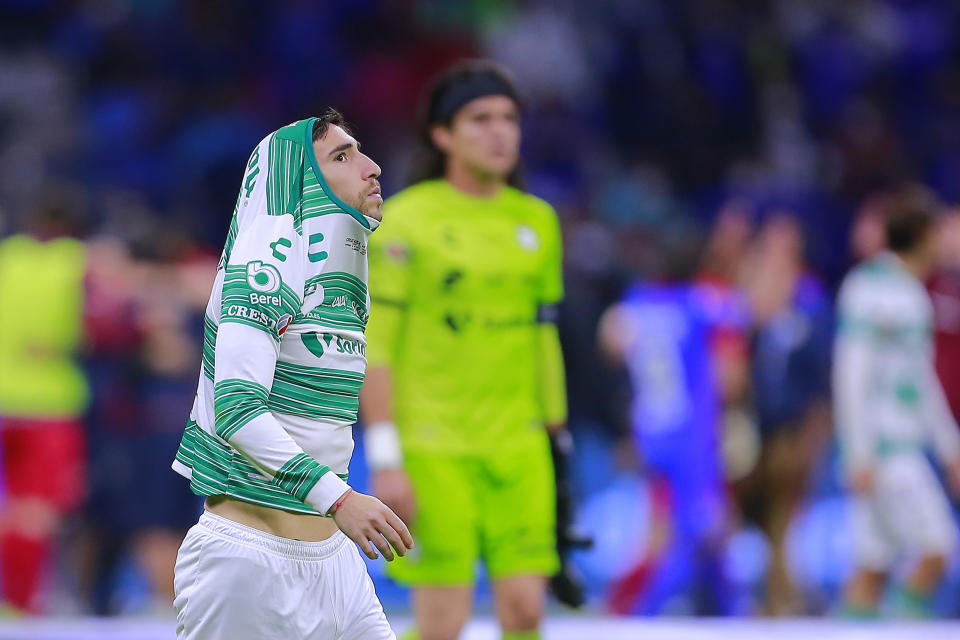 MEXICO CITY, MEXICO - MAY 30: Fernando Gorriaran of Santos reacts after losing the Final second leg match between Cruz Azul and Santos Laguna as part of Torneo Guard1anes 2021 Liga MX at Azteca Stadium on May 30, 2021 in Mexico City, Mexico. (Photo by Mauricio Salas/Jam Media/Getty Images)