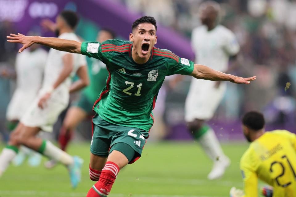 Mexico's midfielder #21 Uriel Antuna celebrates after scoring his team's third goal which was ruled out for off-side during the Qatar 2022 World Cup Group C football match between Saudi Arabia and Mexico at the Lusail Stadium in Lusail, north of Doha on November 30, 2022. (Photo: Getty Images)