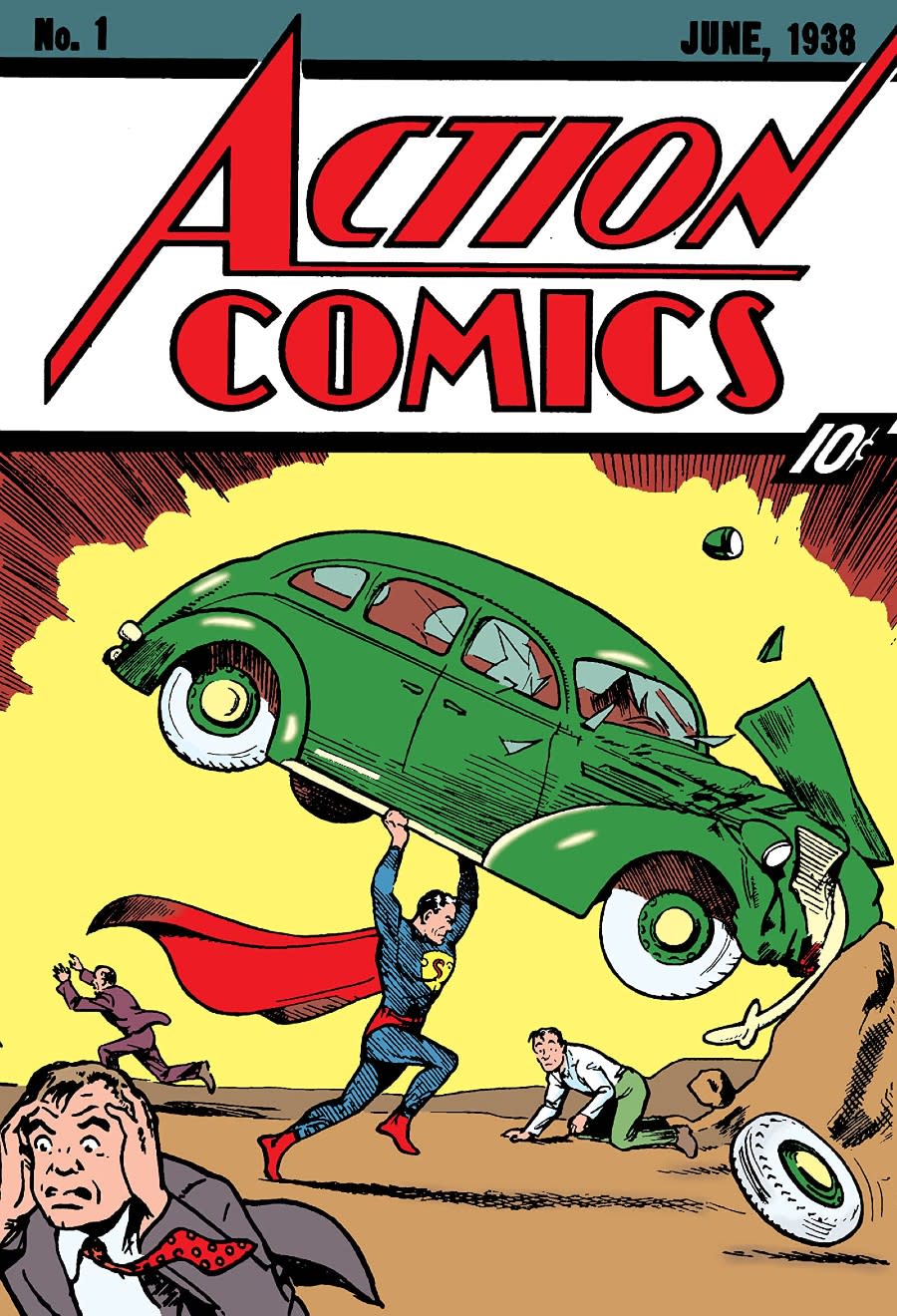 Full image for Action Comics #1 featuring the first appearance of Superman, seen here lifting a green car to save a citizen.