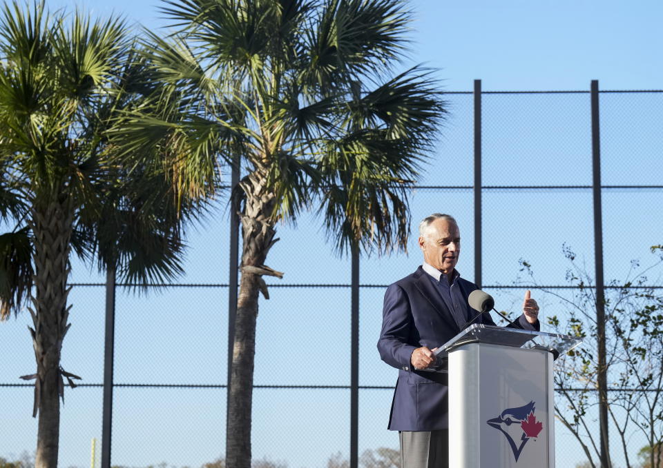 MLB Commissioner Rob Manfred speaks to the media and answers questions during baseball spring training in Dunedin, Fla., Thursday, Feb. 16, 2023. (Nathan Denette/The Canadian Press via AP)