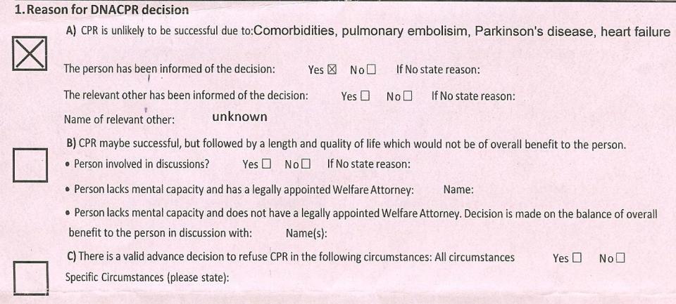 Mrs Jackson's DNAR form, which had been filled in by medics at John Radcliffe Hospital in Oxford last year