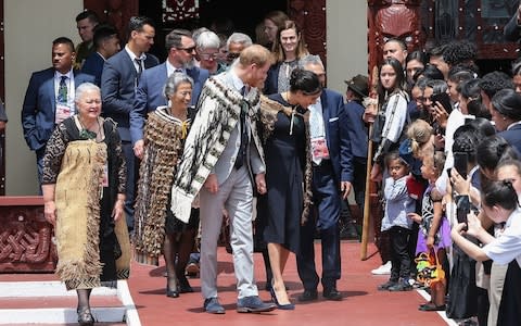 The Duke and Duchess of Sussex at the Tamatekapua meeting in Rotorua, New Zealand, during their tour of the country in October - Credit: Getty